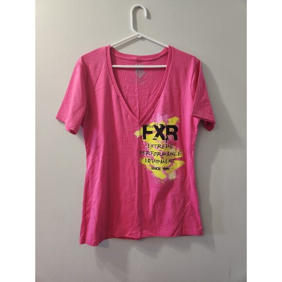 FXR Women V-Neck T-Shirt XL Pink Short Sleeves Pre-Owned - Picture 1 of 7